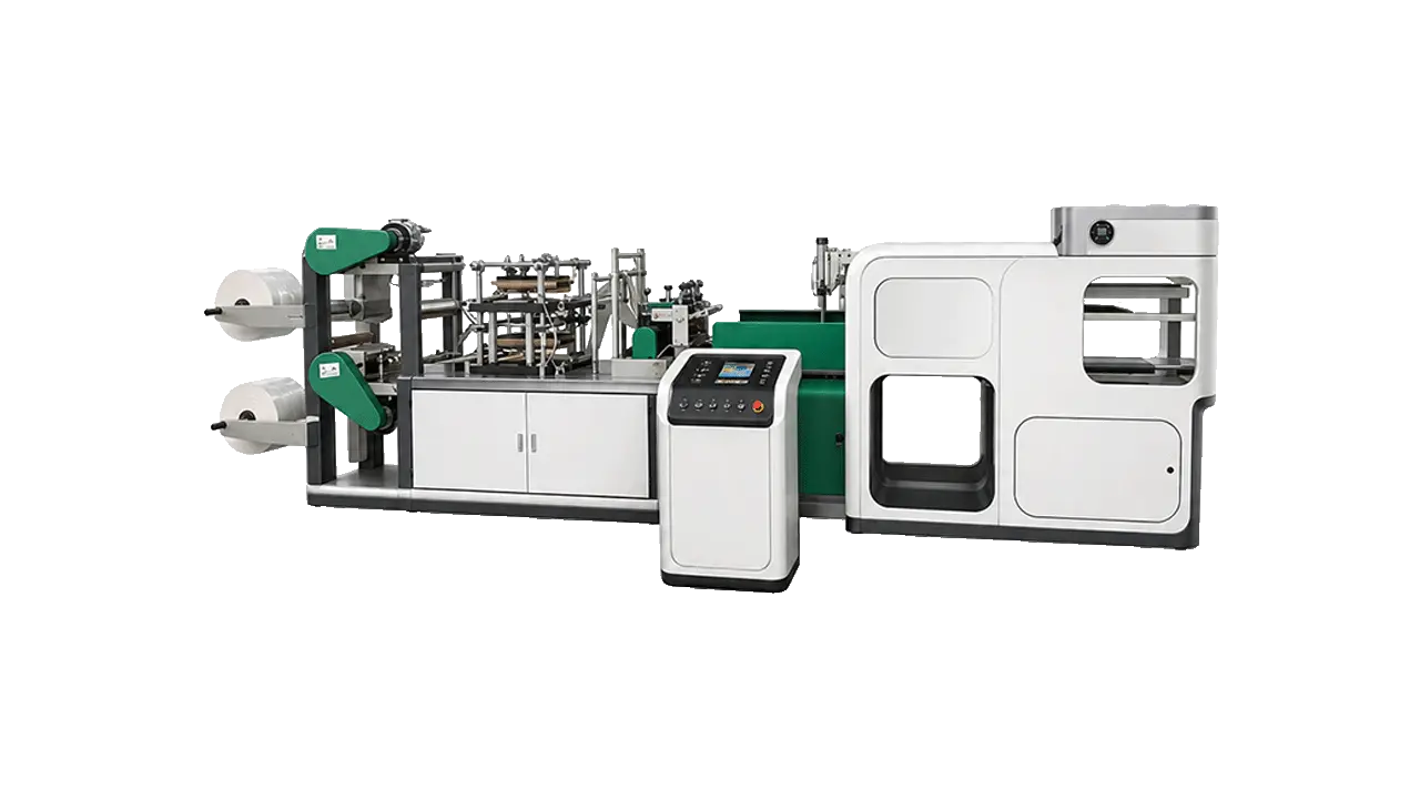 LayerQuestar LQ-2LG-500 dual-lane PE glove bag making machine producing disposable polyethylene gloves