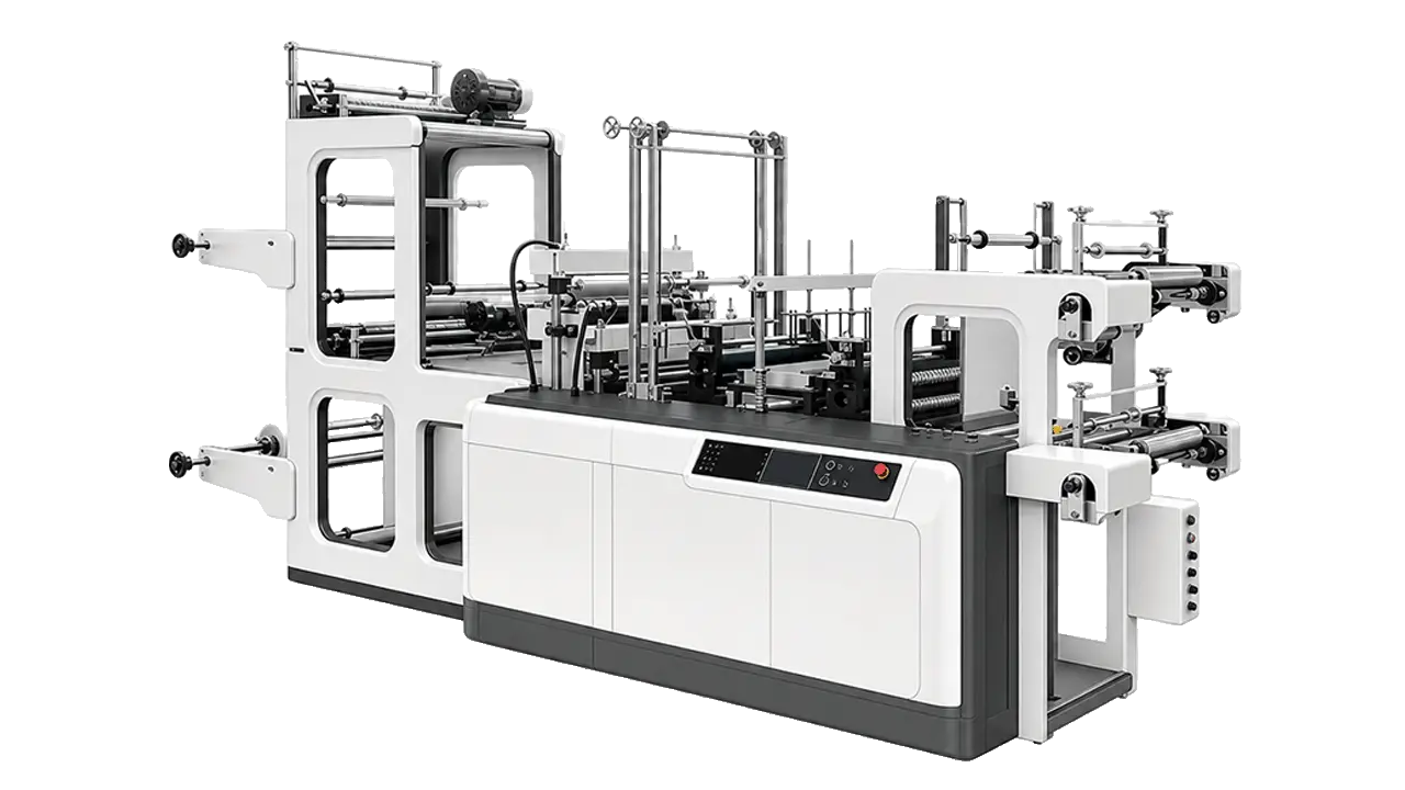 LayerQuestar LQ-2LR series flat bag making machine — high-speed dual-lane bottom-seal bag machine exterior view