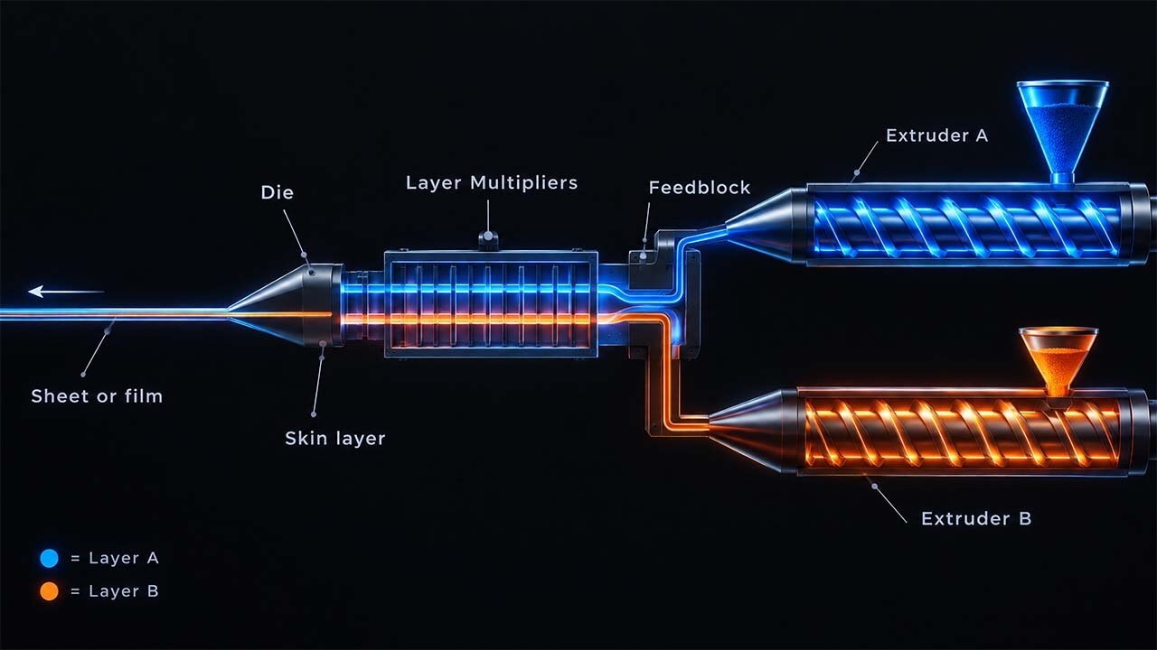 2-layer AB blown film die head diagram — Extruder A feeds Channel 1 (Layer A), Extruder B feeds Channel 2 (Layer B), producing A/B two-layer film