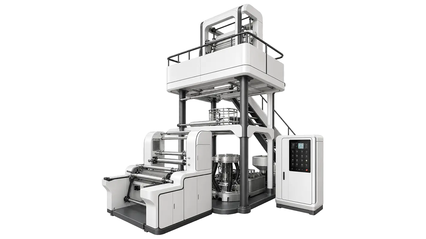 LayerQuestar mono-layer blown film machine — upstream film supply for drawstring bag line