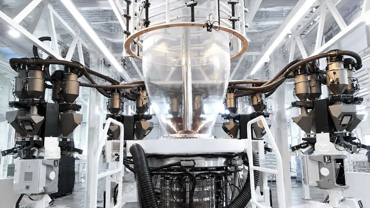 LayerQuestar 5-layer co-extrusion blown film machine — exterior view showing five extruders and die head