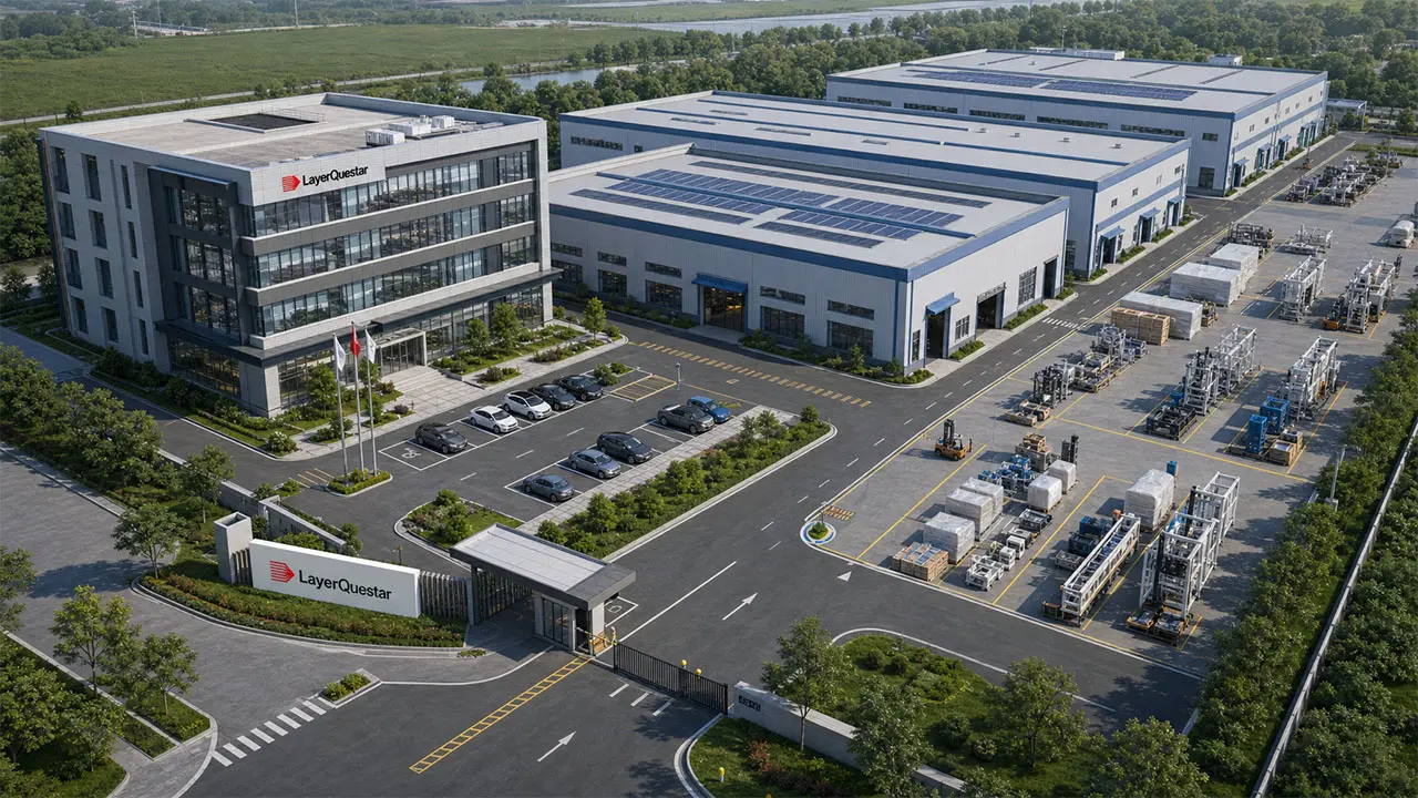 LayerQuestar Machinery factory aerial view — flexible packaging machinery production facility in Zhejiang, China