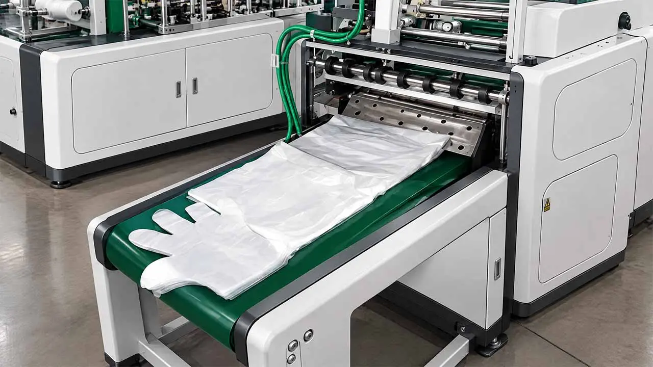 Operator running LayerQuestar LQ-2LG-500 dual-lane PE glove bag making machine — production line in operation