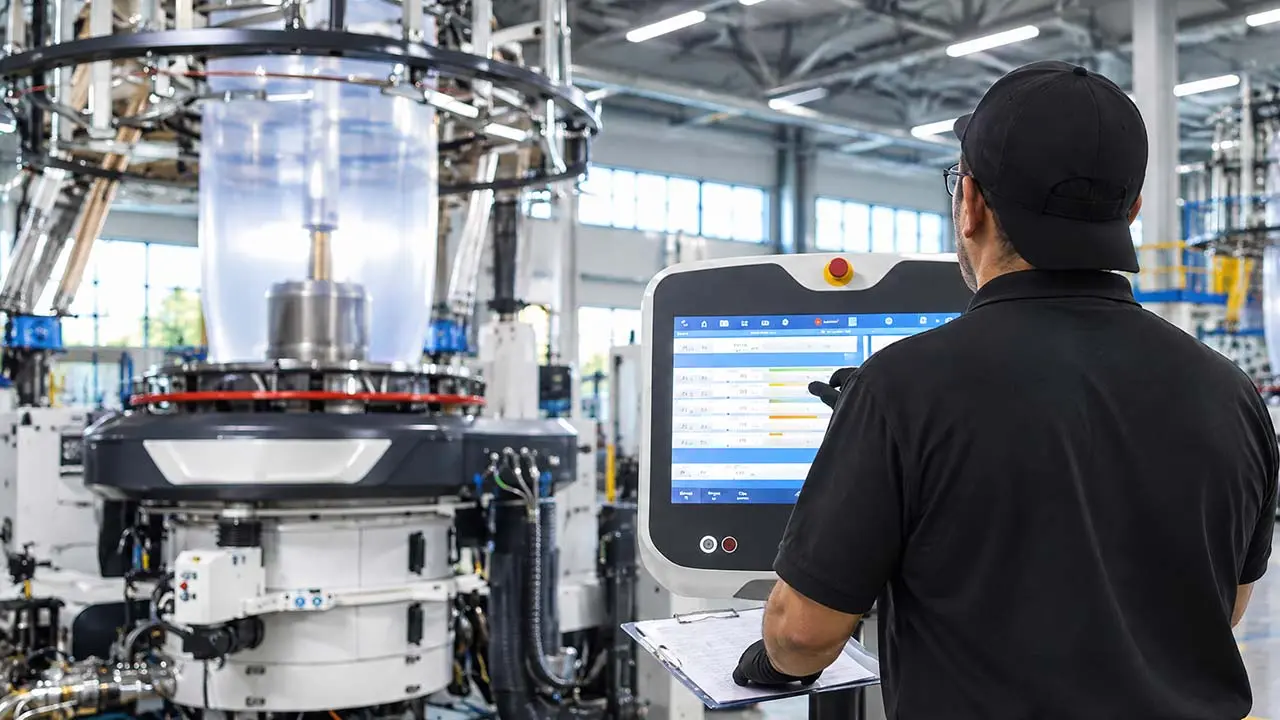 Operator running LayerQuestar 5-layer co-extrusion blown film line — monitoring five extruder control panels