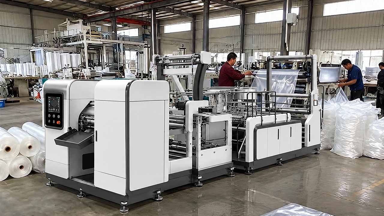 Operator running LayerQuestar LQ-DG drawstring garbage bag making machine — monitoring tape feed and roll winding