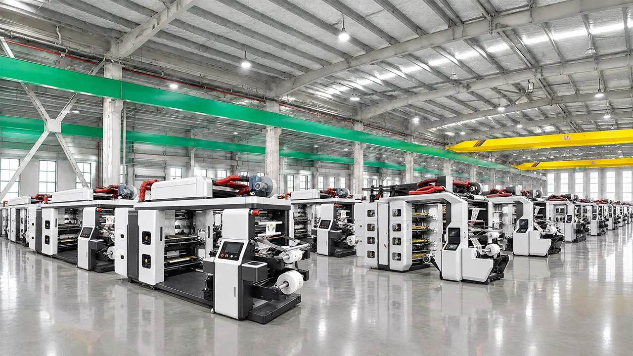 LayerQuestar stack-type flexographic printing machine in operation — multi-color PE film bag printing line