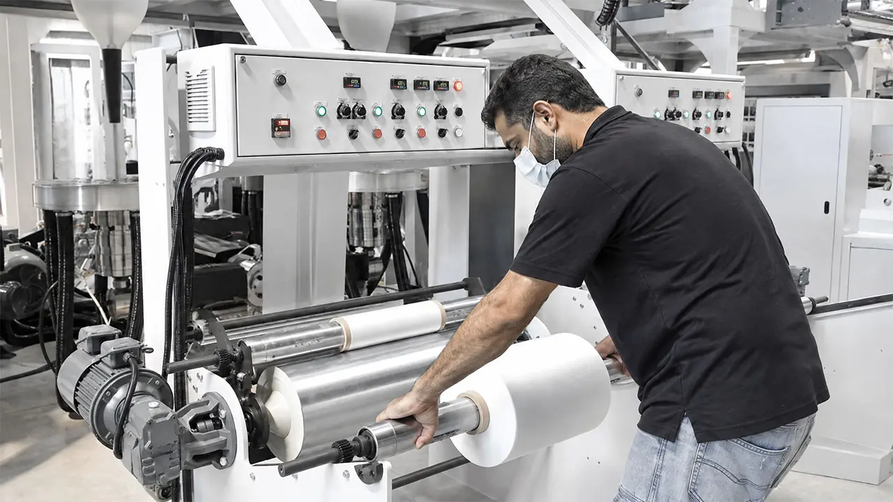 Operator running LayerQuestar biodegradable PLA PBAT blown film machine — control panel and drying system