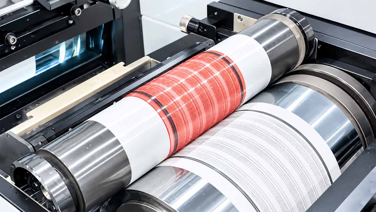 Anilox roller ink metering system close-up — LayerQuestar 4-color flexo printing machine