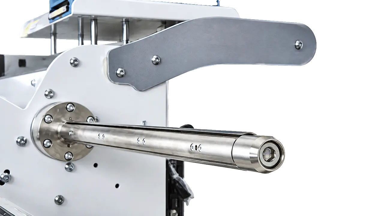 Coreless rewinder unit close-up — LayerQuestar LQ-DG drawstring bag machine
