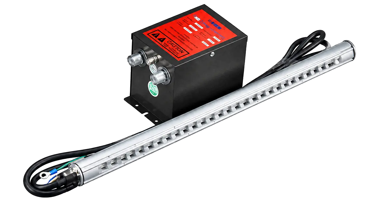 Electrostatic eliminator bank close-up — LayerQuestar LQ-2LG-500 static control for ultra-thin PE film