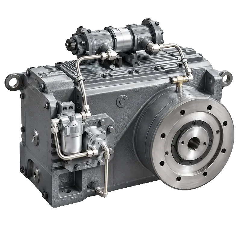 External oil-cooled circulation gearbox close-up — LayerQuestar 5-layer co-extrusion blown film machine