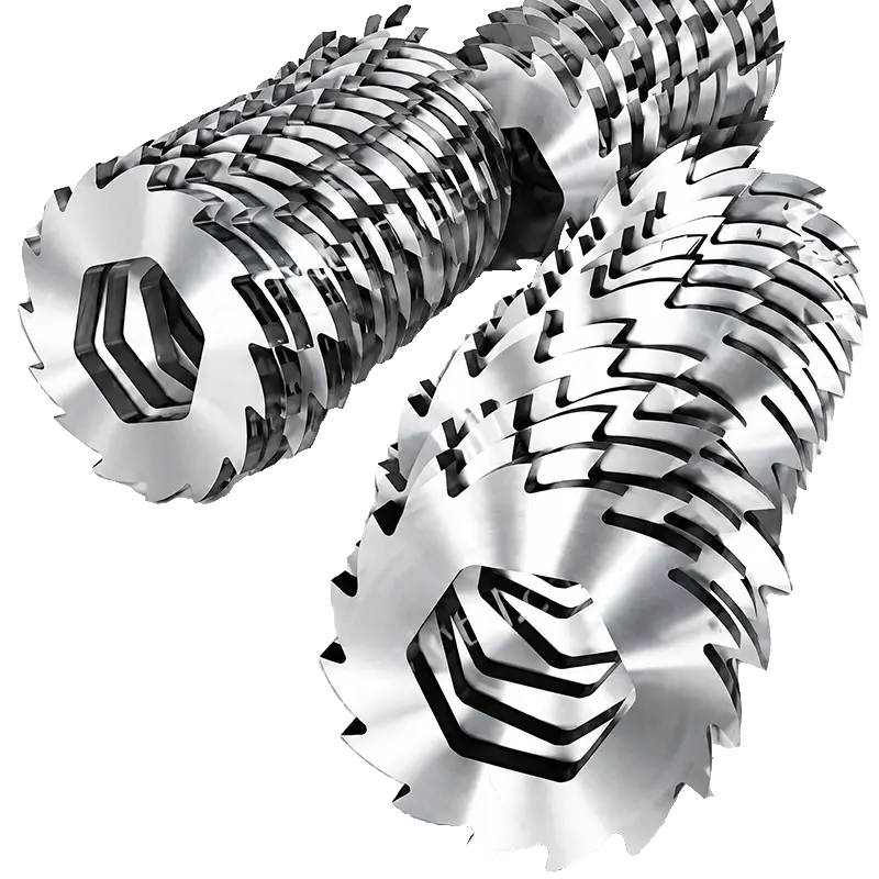 Heavy-duty shredder alloy steel blades close-up — LayerQuestar PP woven bag recycling line