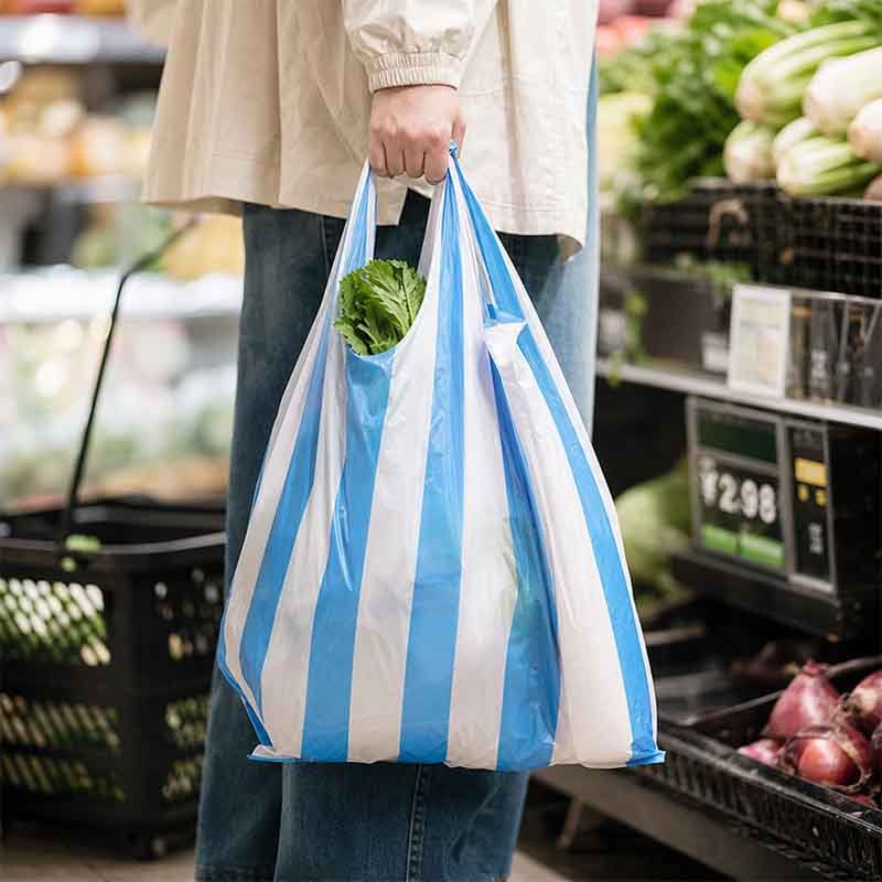 2-color striped polyethylene vest bag — produced on LayerQuestar T-shirt bag making machine
