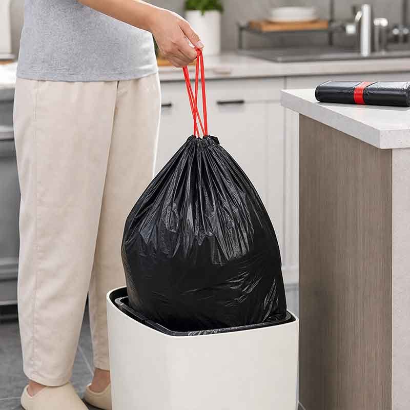 Drawstring garbage bag on continuous roll — produced on LayerQuestar drawstring bag machine