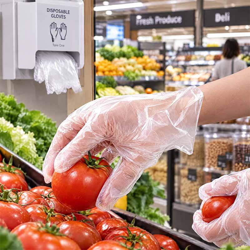 Supermarket produce section dispenser with disposable PE glove bags for customer self-service
