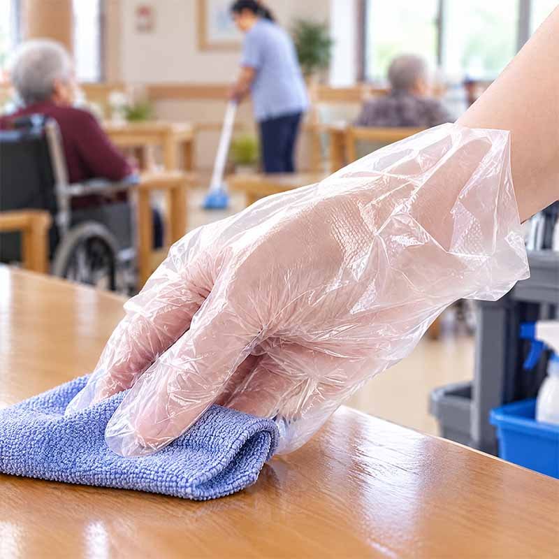 Healthcare support worker using disposable PE glove bags for non-sterile medical auxiliary tasks