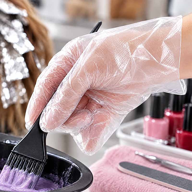 Hair salon stylist using disposable PE glove bags during hair colouring treatment
